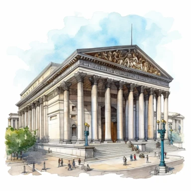 The British Museum, showcasing its grand Greek Revival architecture, Clipart, watercolor, white background, intricate detail