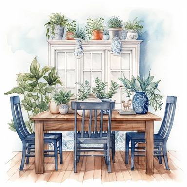 watercolor, hyper realistic, white background, white margins, 16k, ultra detailed clipart, cut out image, hand-drawn, whimsical cozy dining room with a simple wooden table and chairs, set against a bright blue wall with a framed botanical print.