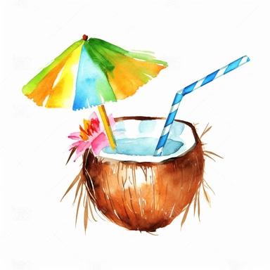 coconut coctail drink, with flower in the drink, with umbrella, with flower, watercolour clipart, emoji illustration, summer, white background, animated shape,