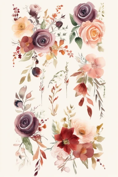 sticker sheet, watercolor floral clipart images illustration, in the style of light maroon and light beige, light maroon and emerald, wallpaper, happenings, mandy disher, violet and orange, lively tableaus, sticker borders