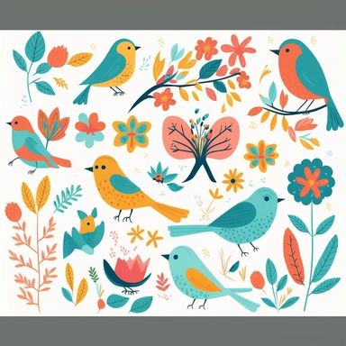 birds, butterflies, flowers, leaves, on white background, separated clipart collection, cute, bold, flat, vector, gouache, vibrant, folk art, storybook, orange, pink, yellow, blue, aqua, teal, yellow of