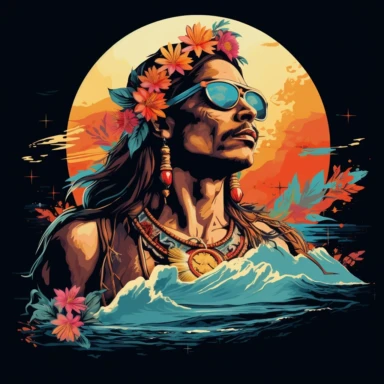 artwork of t shirt graphic of Naive American Super Model waer Native American style in digital painting style ,colorful color, Sage, beautiful flowers, sunrise mountains and clouds , big sea waves, water splashes, black background, colorful fantasy flower sorround, highly detailed clean, vector image, photorealistic masterpiece, professional photography, realistic, , isometric, vibrant vector, clipart, illustration, realism, 4k, , cinematic, front view , unreal engine, Matrix Style