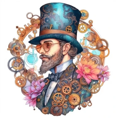 A masculine in sweet steampunk style, water color style, pinks, oranges, blues, teal, and liquid gold, watercolor illustrations, white background, clean and elegant, sinister beauty, very detailed, victorian-inspired illustrations, watercolor illustration clipart, watercolor clipart, serge Marshhennikov, victor nizovtsev, i can't believe how beautiful this is