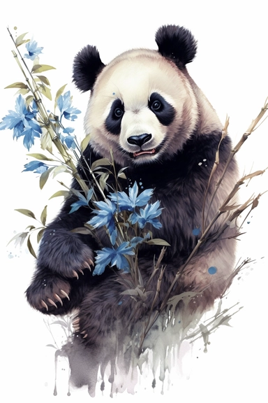 Watercolor panda and bamboo, nature, very vivid colors, highly detailed drawing, white background, clipart, colorful, highly detailed, HD