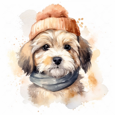 Cute Havanese puppy clipart ,happy expression, standing in dynamic pose, FLUFFY FUR, wears a COZY HAT, COTTON KNITTED SCARF, SWEATER, front view, in the style of watercolor cartoon clipart, kate greenaway style, high resolution, composition free space, pastel color scheme, soft and tender, watercolour clipart, watercolor illlustration for kids and children,isolated white background, clipart most popular on etsy, book illustration, featured on dribble,print on demand image, PNG tranparent backgro
