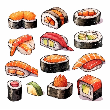 Visualize a delicious-looking clipart of a variety of nigiri sushi, each piece hand-drawn with fine attention to detail. With a variety of toppings such as shiny, ruby-red tuna, delicate, pink-hued salmon, and glistening, golden-cooked prawn, each sitting atop perfectly formed sushi rice, this clipart is a feast for the eyes. The white background accentuates the colorful array of nigiri sushi.