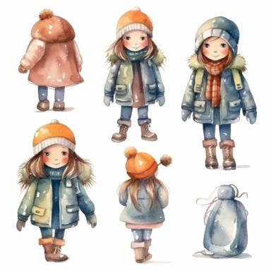 Set of watercolor cute little girl in winter clothes illustration for kids book, white backgroun, clipart, clean and crisp