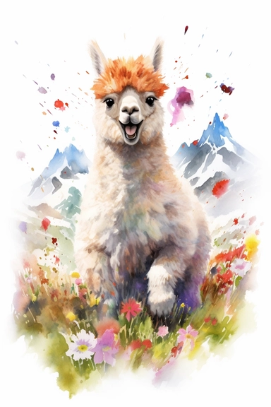 A highly detailed watercolor drawing of an adorable baby alpaca frolicking on a rolling wildflower hill on a pure white background. The alpaca is captured in a playful and joyful moment, with its fluffy coat bouncing as it jumps and runs through the vibrant wildflowers. The drawing showcases the alpaca's interaction with the colorful wildflowers, with petals and blooms swirling around in its wake. The white background enhances the focus on the alpaca and the lively scene, creating a delightful c