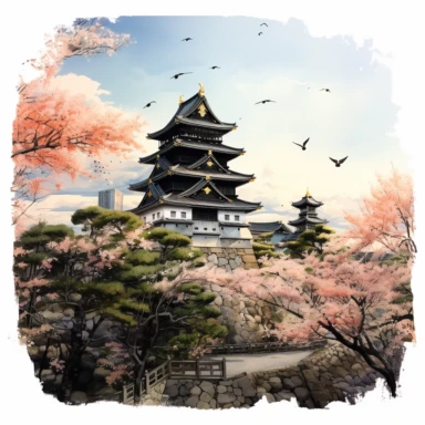 cherry blossoms laden on Osaka Castle Bottom, Siamese Cat wearing a Japanese kimono, sunset. Clipart Watercolor