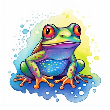 cute, beautiful, fat and happy frog profile fully body shot in rainbow watercolor sublimation clip art, cartoon, hyper realistic, intricate detail, illustration style, high solution on a white background as a tshirt design