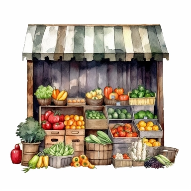 watercolor colorful clipart of a bountiful farmer's market, hd, on white background