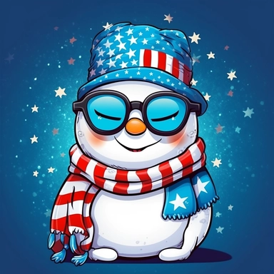 Super cute, American flag with snowman scarf and sunglasses Sublimation Clipart, Cartoon funny, Cute anime, Very detailed, firework blue background
