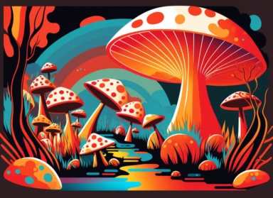 Expressionist Landscape Painting: magic mushrooms, Vibrant Colors, Intense Emotions, Fauvism, art deco,, red fly agaric mushroom, chanterelles, pop art deco nouveau, flat 2d vector design, illuminati priestess, clipart, detailed trace