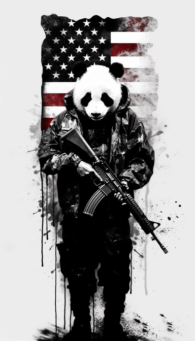 Panda dressed as a graffiti artist in combat clothes holding a gun black and white, silhouette of American flag background, minimalist clip art by Mr. Brainwash