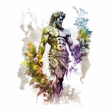 a Dionysus god with watercolor effect, full body,grapes and vine leaf,dark colors,unrealistic,fantastic scene,suitable for digital cliparts,white background