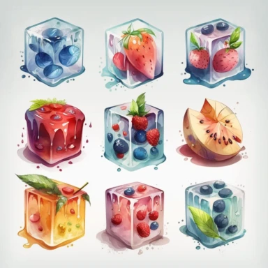 draw a collection of cartoon style, watercolor, clip art illustrations, featuring fruits in ice cubes, summer
