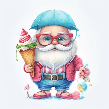 santa summer smile and cute big eyes wear big glasses full body , eat ice cream sea trip summer , cute funny laugh detailed digital art, whimsical and cute, cute detailed artwork, glimmering, adorable and whimsical, whimsical art, watercolor Clipart style