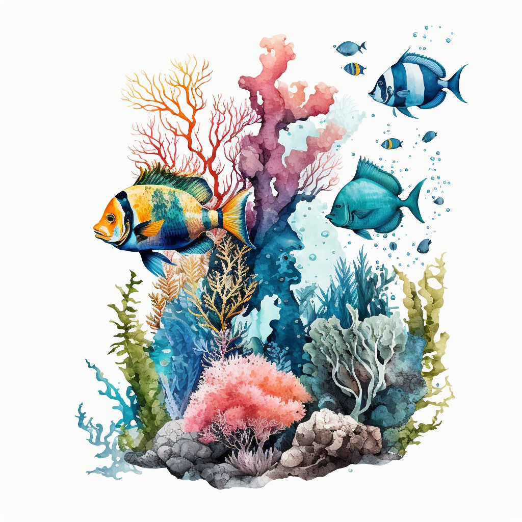 watercolor ocean coral reef with sea life and tropical fish clipart ...