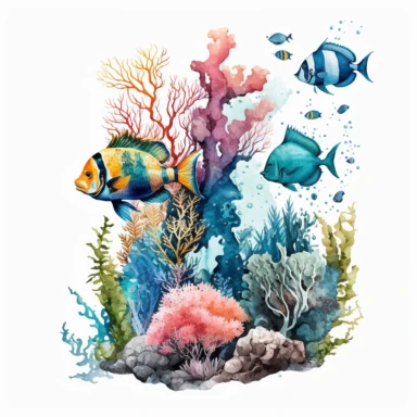 watercolor ocean coral reef with sea life and tropical fish clipart white backround