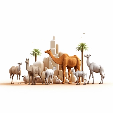 Cattle and Camels at Eid al Adha, 3D ， White background ， Clip Art Style ，