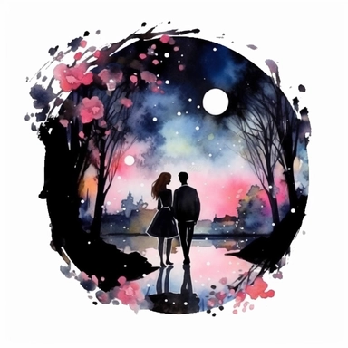 Watercolor, A couple by the river in bloom, night,clipart on black background
