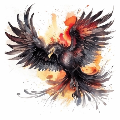 watercolor dark fantasy mystic black phoenix clipart, hd 4k, detailed, isolated on white background