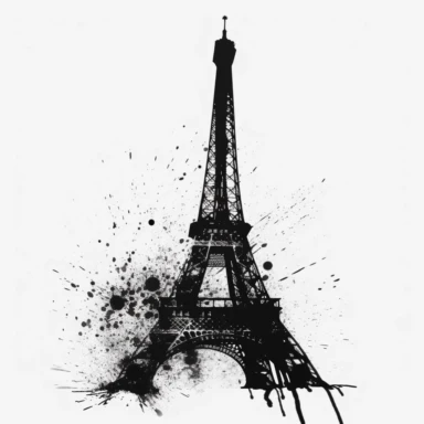 eiffel tower ink splatter on white background, clipart, sticker, minimalist, simple, black and white