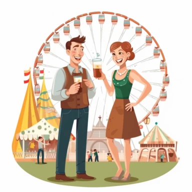 German man in lederhosen and woman in dirndl toast with one mug of beer at the oktoberfest with the ferris wheel in the background, clipart, white background