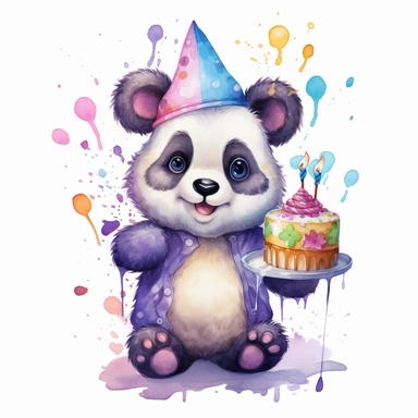 cute Panda character wearing birthday clothes and birthday element with happy face,front facing on isolated background,with happy face and expression,Animal Sublimation Clipart,no splash watercolor,white background, ultra detailed clipart, cut out image, colorful watercolor realistic, cartoon style, ultra HD, sharp and clean art