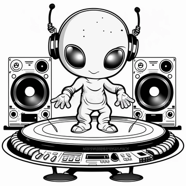 cute clipart An alien DJ mixing music on a set of glowing turntables with speakers emitting sound waves. with aliens on alien planet coloring book with no background, thick, clear, lines, only black and white