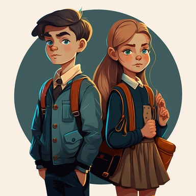 boy and girl, just finished school, 100% ready for society. digital art. the kids look very confident. flat colour clipart