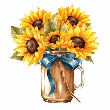 on white background high detailed clipart featuring sunflowers tied with jute ribbon in a jar, coffee mug in watercolor style, hyper realistic illustration flat color