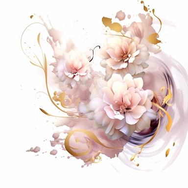 clipart, white background, mystical palest pink flowers, white background, swirling magical gold alcohol inks in the foreground, clip art