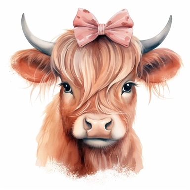 cute watercolor illustration of fullbody girl highland cow wearing hair bow on head clipart on white background