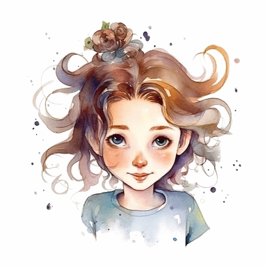 watercolour clipart of a girl, with crazy brown hair, blue-gray eyes, the sweet and scatterbrained dreamer, with a great sense of humor. She immerses herself in the world of digital design, creating exquisite papers for scrapbook albums. Though she may often forget things, her delicate touch and gentle nature shine through her artistry, make her smiling, exalted mood, white background, 8k, f1