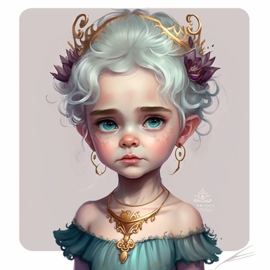 boho little girl, big eyes, light lavender skin, short white hair in tall updo with a small gold crown, teal eyeshadow and red lipstick, black cami, nautilus shell necklace, evil laugh, holding a gold trident, very detailed and realistic, watercolor, portrait, white background with margins, clipart style,
