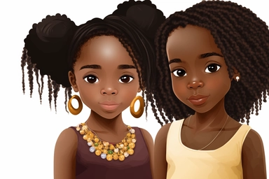 Two beautiful child black girls, African American on a white background showing their braided long Hair fashion, slightly smiling, clipart, painting and nouveau style