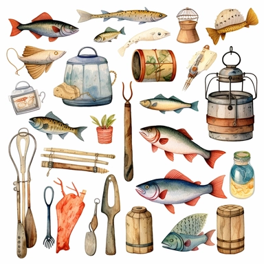 whimsical watercolour cute clip art fishing equipment