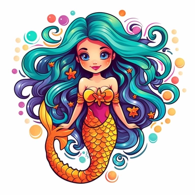 mermaid, bright colors, 2d vector graphic, cute design, clipart