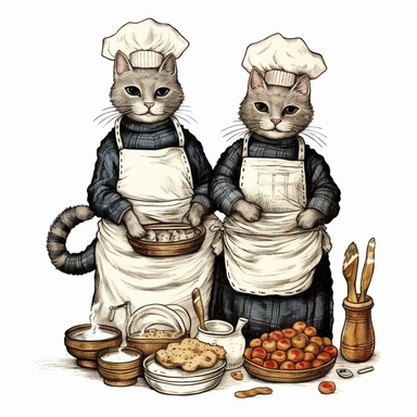 vintage cute cats baking, wearing clothes, in the style of edward gorey, clipart, white background