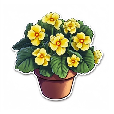 Isometric Sticker Clip Art of Primroses, Primula Flower, in flower Pot, children friendly, illustrated in a realistic style, perfect for any special occasion, cut out in the shape of Primroses, with no visible background, giving it the appearance of a sticker, conveying a mystical and whimsical mood, edited with Adobe Photoshop to adjust brightness and contrast, rendered as a transparent PNG file with a high resolution to ensure a crisp and clear image with no pixelation, suitable for various ap