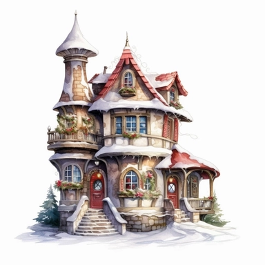 Watercolor, cute christmas santa house, magical, fantasy, clipart, white background detailed, 8k, high resolution, style of Sandi Mower, clean white background