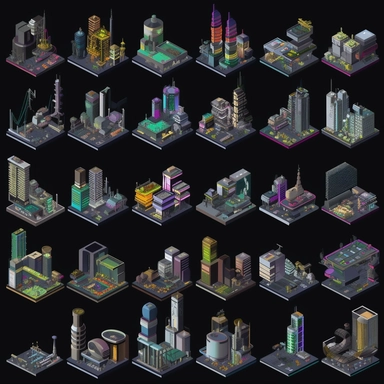 spritesheet of futuristic city buildings, isometric perspective, game sprite, sci-fi, fun, creative, cartoon, clipart, hyper-detailed, black background,