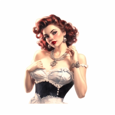 beautiful stunning pretty vintage burlesque girl, elegant corsets and jewles, paint art style, clipart, white background, superrealistic, one of a kind