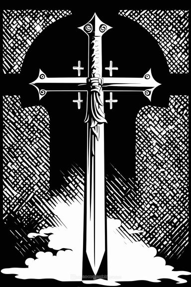 clip art of Christian Cross turning into a sword, black and white, white background, only design, no watermark, simple design, clip art, outline, silhouette