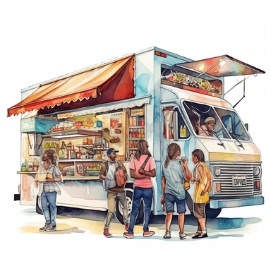 An illustration of a food truck with various food items and a line of customers, watercolor illustration with photorealistic high details clipart, white background