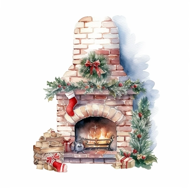 watercolor style, beautifully decorated christmas fireplace with slightly visible part of the wall behind it clipart, isolated on white background, 4K