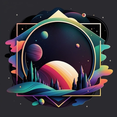 logo, geometric frame, vector, clipart, modern, northern lights, planets, outer space, cartoon, clean lines,
