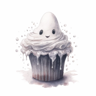 A watercolor pencil illustration of a spooky gothic white magic cupcake, delicious cupcake with a cute white ghost, Kubisi art, inspired by nicoletta ceccoli art, dark magic, watercolour illustration clipart, extremely detailed, 4k, high quality, isolated on white background