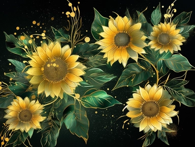 deep emerald gold watercolor sunflowers plants clipart, golden metallic lines and some glitter, shining colors, dark background, 8k, high resolution